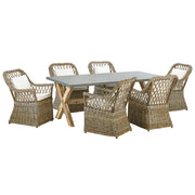 Set da pranzo da giardino Tavolo in cemento naturale 6 sedie in vimini in rattan con cuscini in cotone