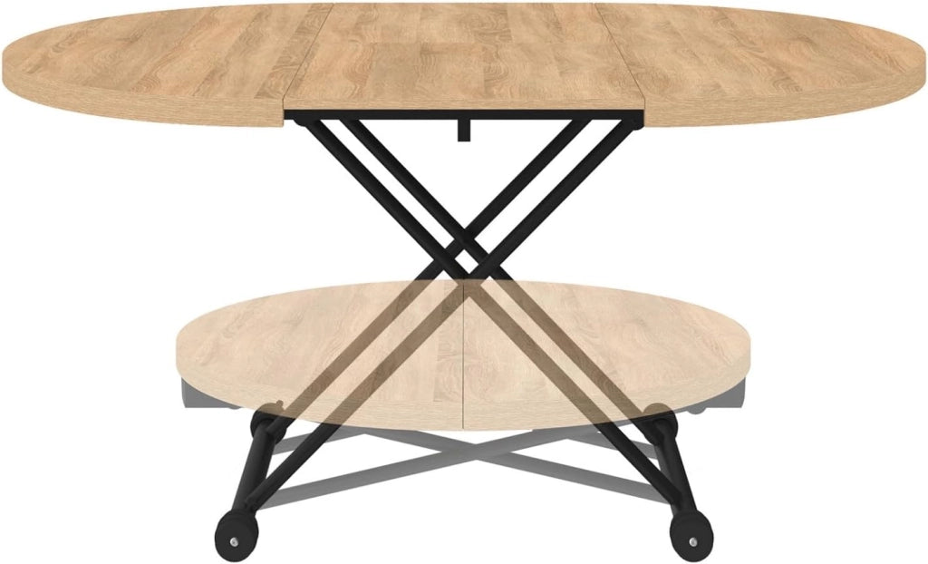Tavolino allungabile a un tavolo da pranzo rotondo ALTURA piano in effetto faggio base nero design industriale