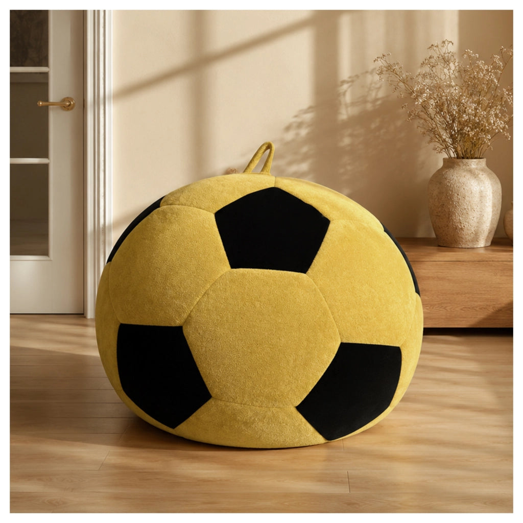 Pouf a forma di pallone da calcio in flanella con imbottitura in schiuma a cubi per relax giallo nero