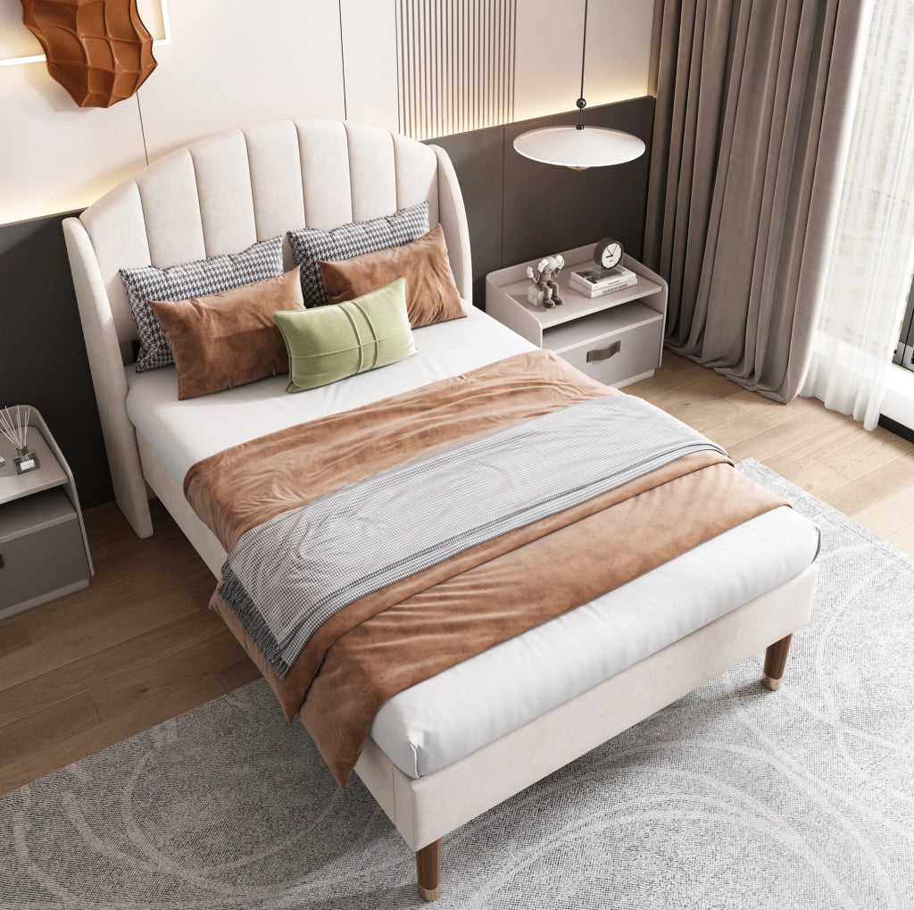 Letto imbottito 90x200 cm in velluto beige con rete a doghe e testiera