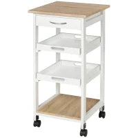 Carrello da Cucina con Ruote, 2 Ripiani Rimovibili, Cassetto, Scaffale, in Legno di Pino, Bianco