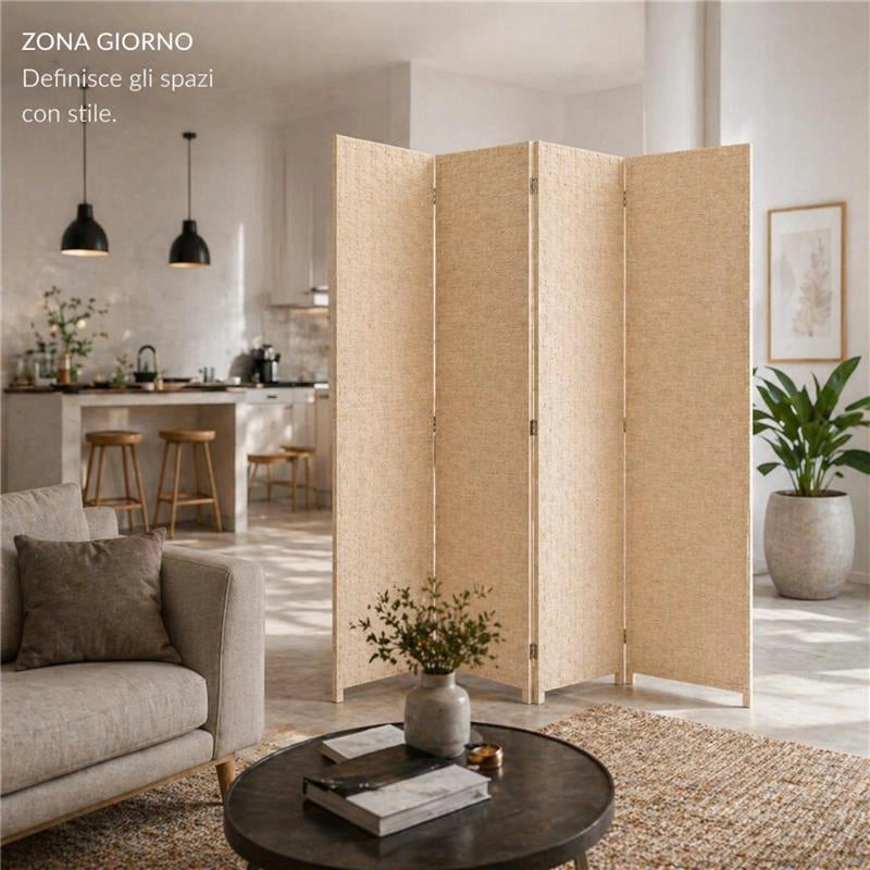 SEPARE' CON QUATTRO PANNELLI IN PLASTICA BEIGE CON STRUTTURA IN LEGNO MISURE: 180X180 CM