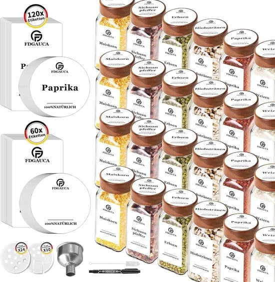 Set di contenitori per erbe quadrati da 24 pezzi - 120 ml - Vetro con etichette - Strumento per distribuzione contenitori erbe quadrati