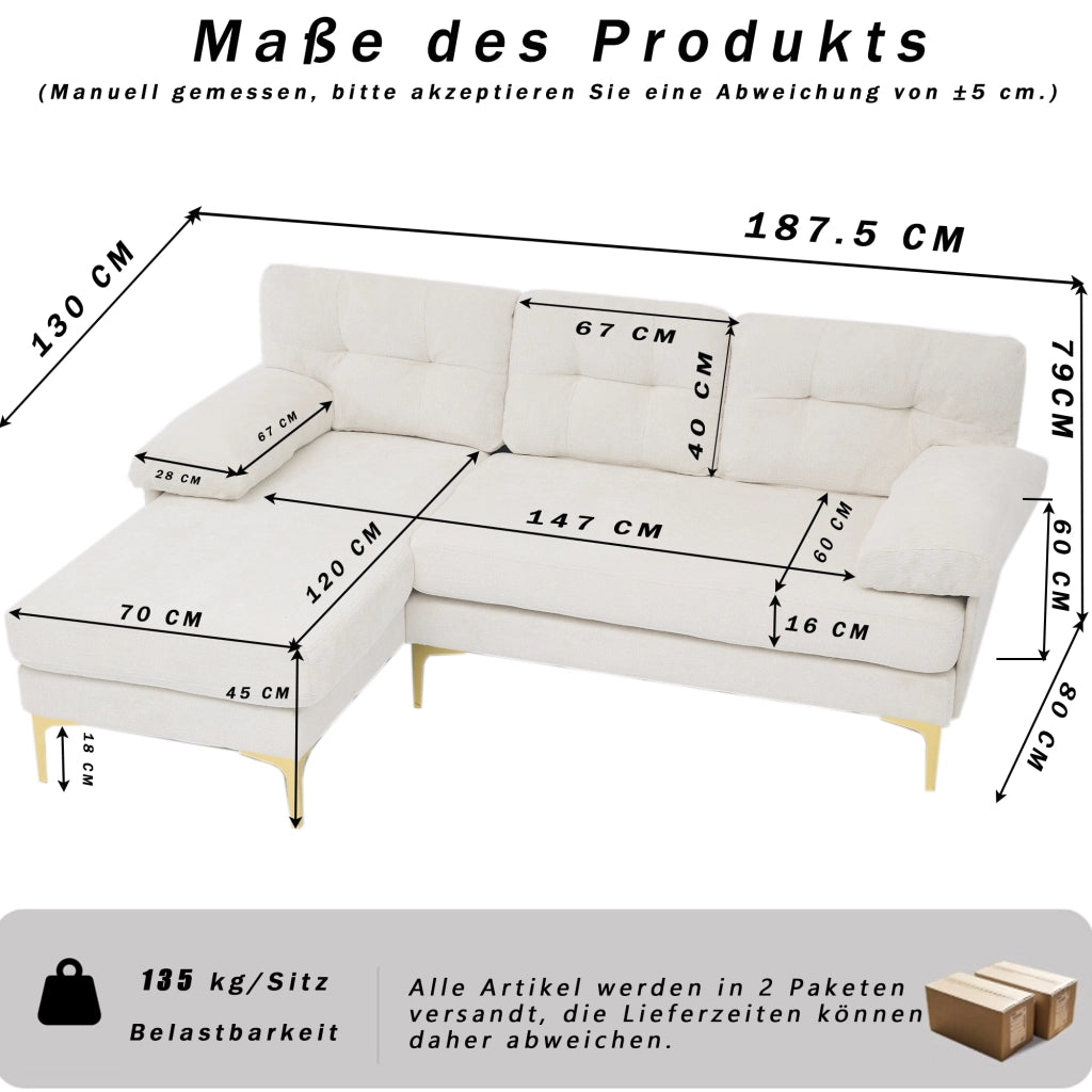 Divano ad angolo reversibile a 3 posti con braccioli imbottiti e cuscini in chenille e legno beige
