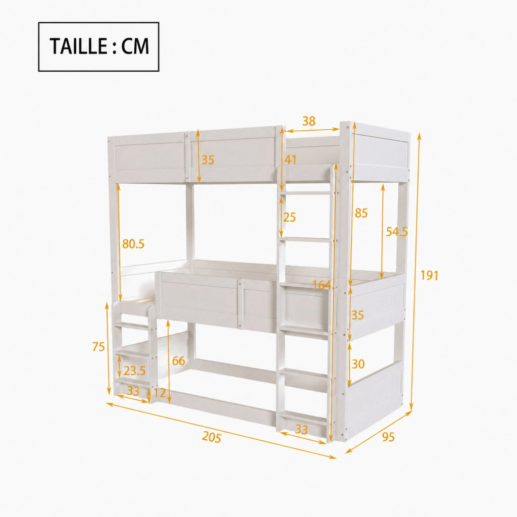 DESMIU Lit a castello 90 × 200 cm 3 posti con sponda di sicurezza, senza materasso, in legno, bianco