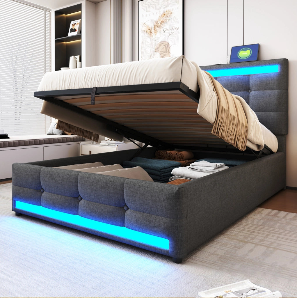 Letto imbottito singolo 90x200 cm con LED RGB; USB e testiera regolabile; grigio