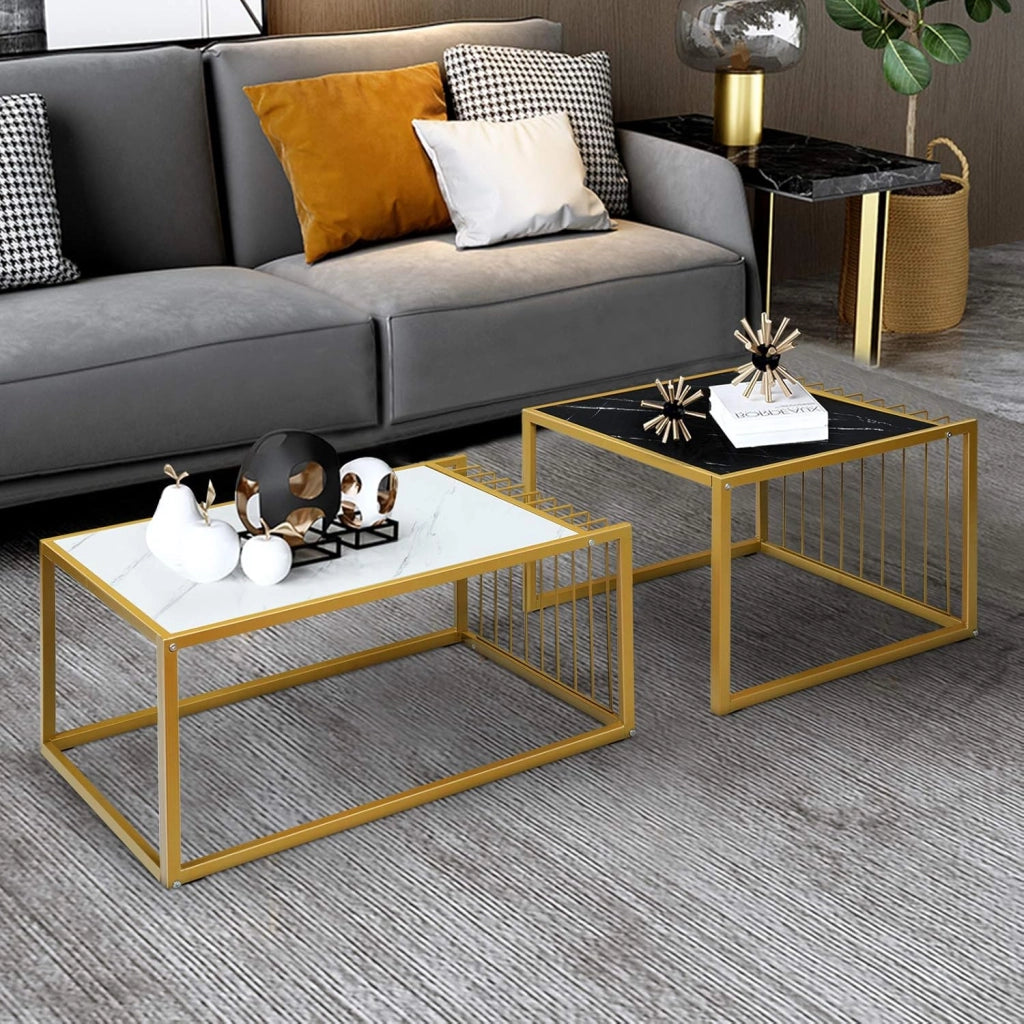 Set di Tavolini da Caffè, Tavolini da Salotto Moderni e Impilabili in Legno e Metallo, Tavolino Retangolare e Tavolino Quadrato per Soggiorno e Salone