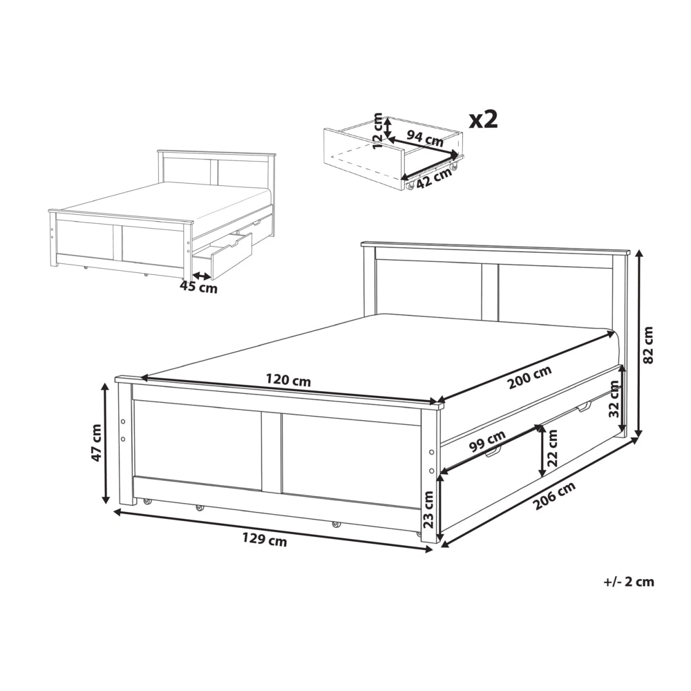 Letto matrimoniale con 2 cassetti in legno marrone chiaro stile 120 x 200 cm con testiera in stile scandinavo