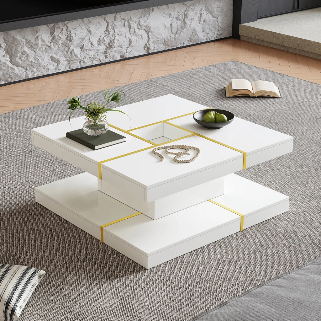 Tavolino da caffè a 2 livelli bianco 80x80 cm con dettagli dorati