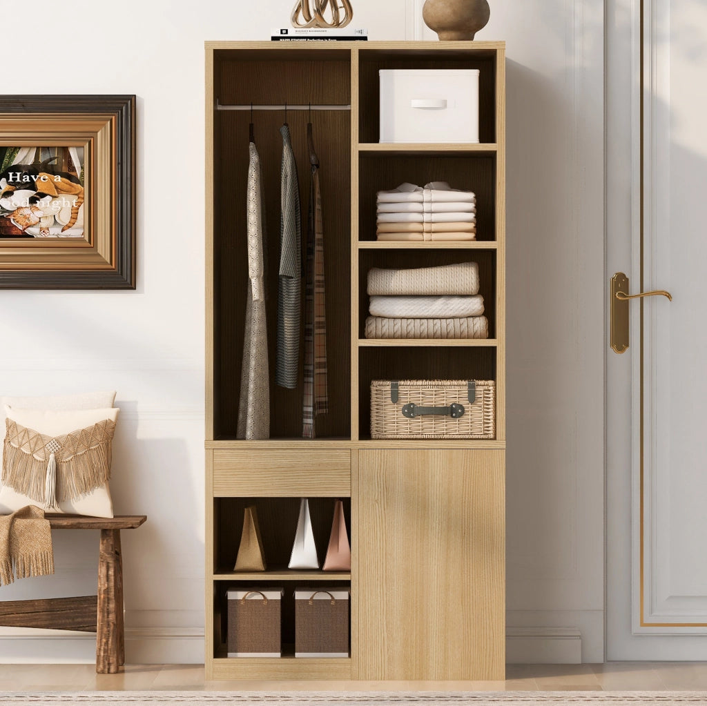 Armadio guardaroba 70x50x170 cm con appendiabiti; ripiani aperti e cassetti in MDF e compensato
