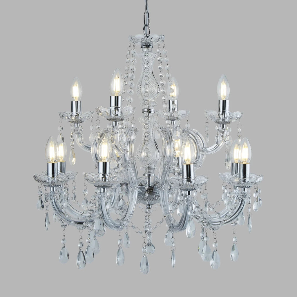 Lampadario Classico Marie Therese Acciaio Cromo Vetro Trasparente 12 Luci E14