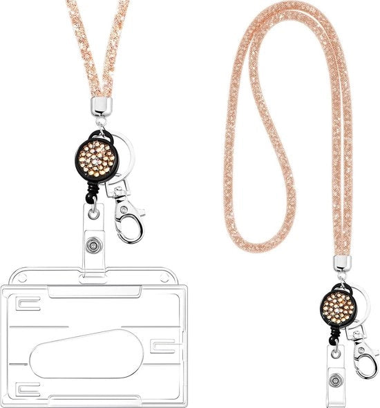 Lanyard trasparente con cristalli di rhinestone, ID-kaarthouder e porta chiave - champagne oro - badge houder e collare per ID e chiave.