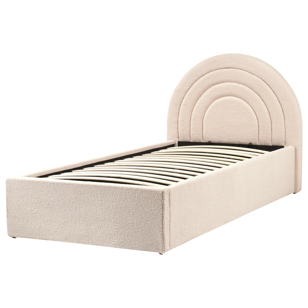 Letto singolo con testiera semicircolare in bouclé beige 90x200 cm base a doghe Testiera a Mezza Luna con contenitore