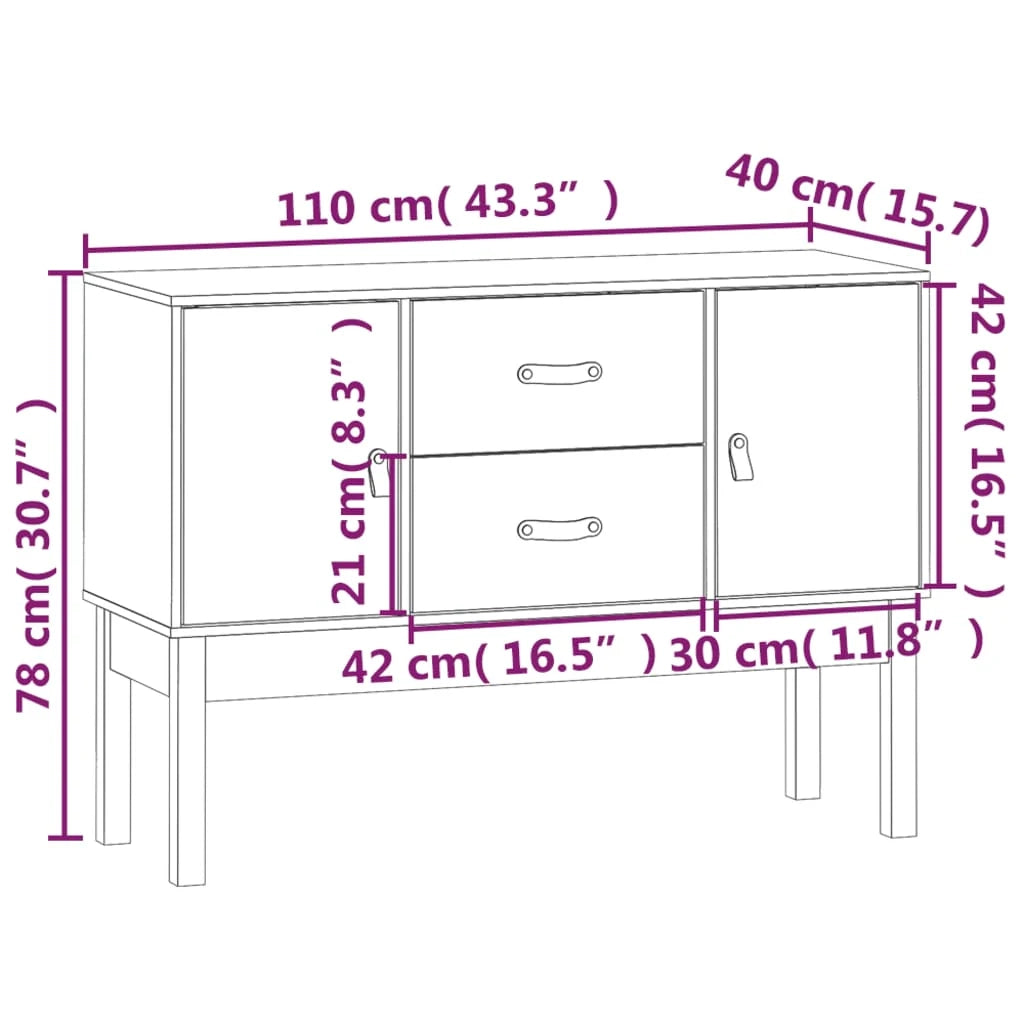 Buffet credenza cassettiera armadio mobile contenitore organizer per cucina soggiorno salotto 110 x 40 x 78 cm legno massello di pino bianco 02_0030200