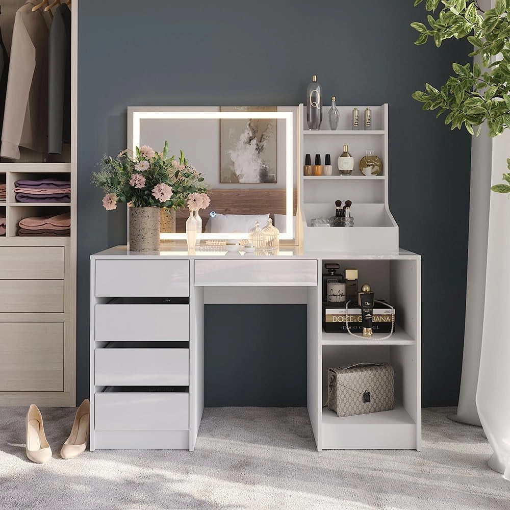 Tavolo da toeletta Sherry, Bianco/bianco lucido, 128.2 cm 3 parti