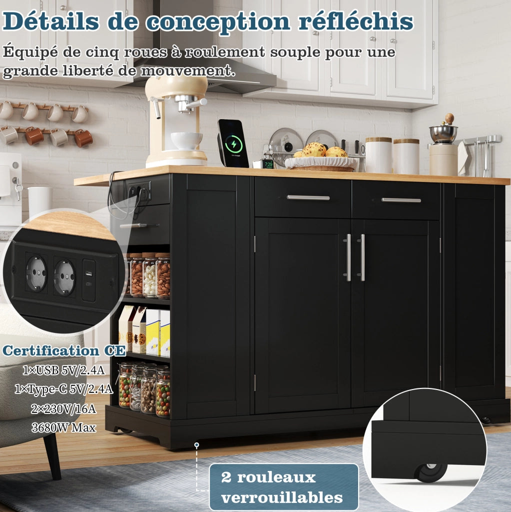 Isola cucina 138 cm con piano ribaltabile; ruote; presa EU; USB e Type-C; MDF nero effetto legno