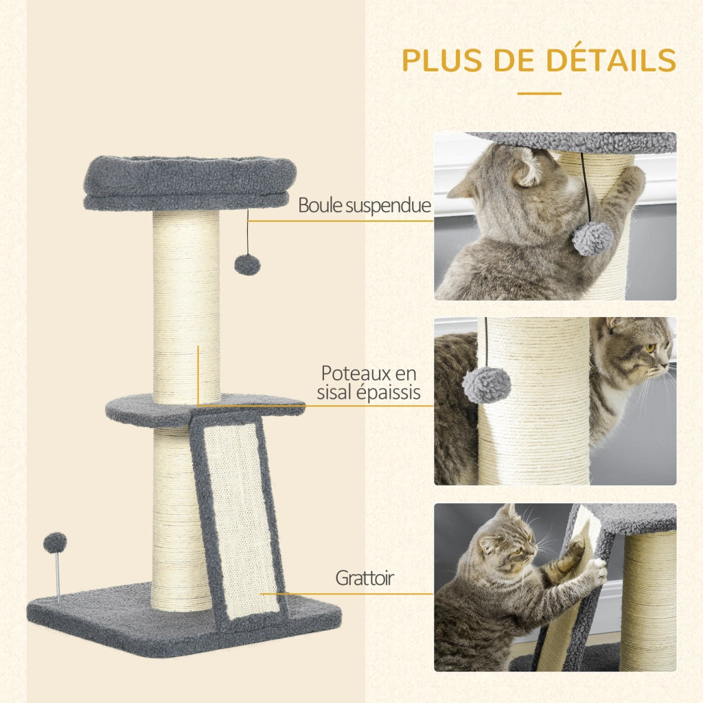Albero per gatti con tronco griffaio in sisal, palle sospese e piattaforma ¨C zephmum ¨C grigio 92 cm