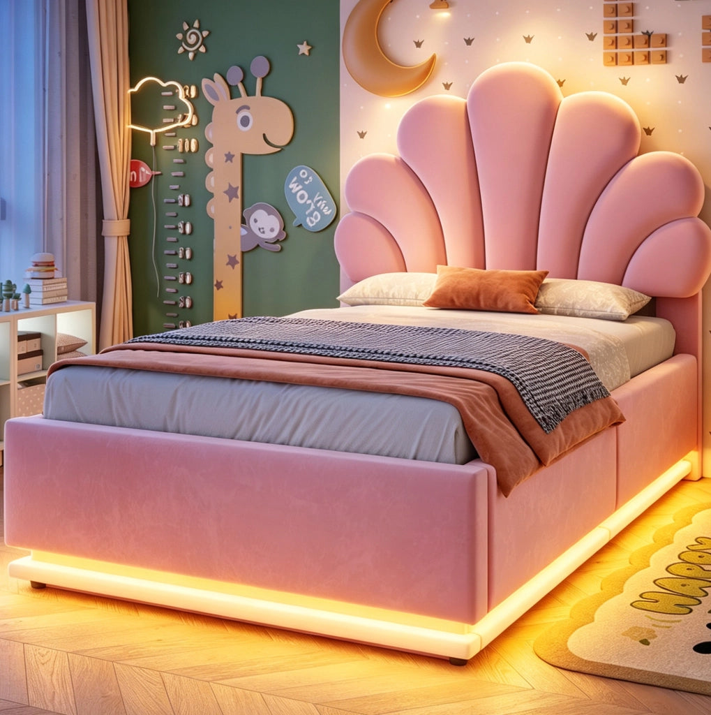 Letto imbottito 90x200 cm rosa con contenitore idraulico e LED