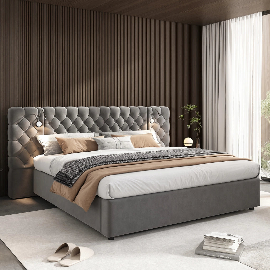 Letto imbottito 180x200 - Xylo - Grigio velluto LED
