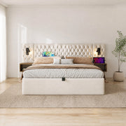 Letto matrimoniale 180x200 cm in velluto beige con contenitore idraulico; 2 comodini e luci lettura