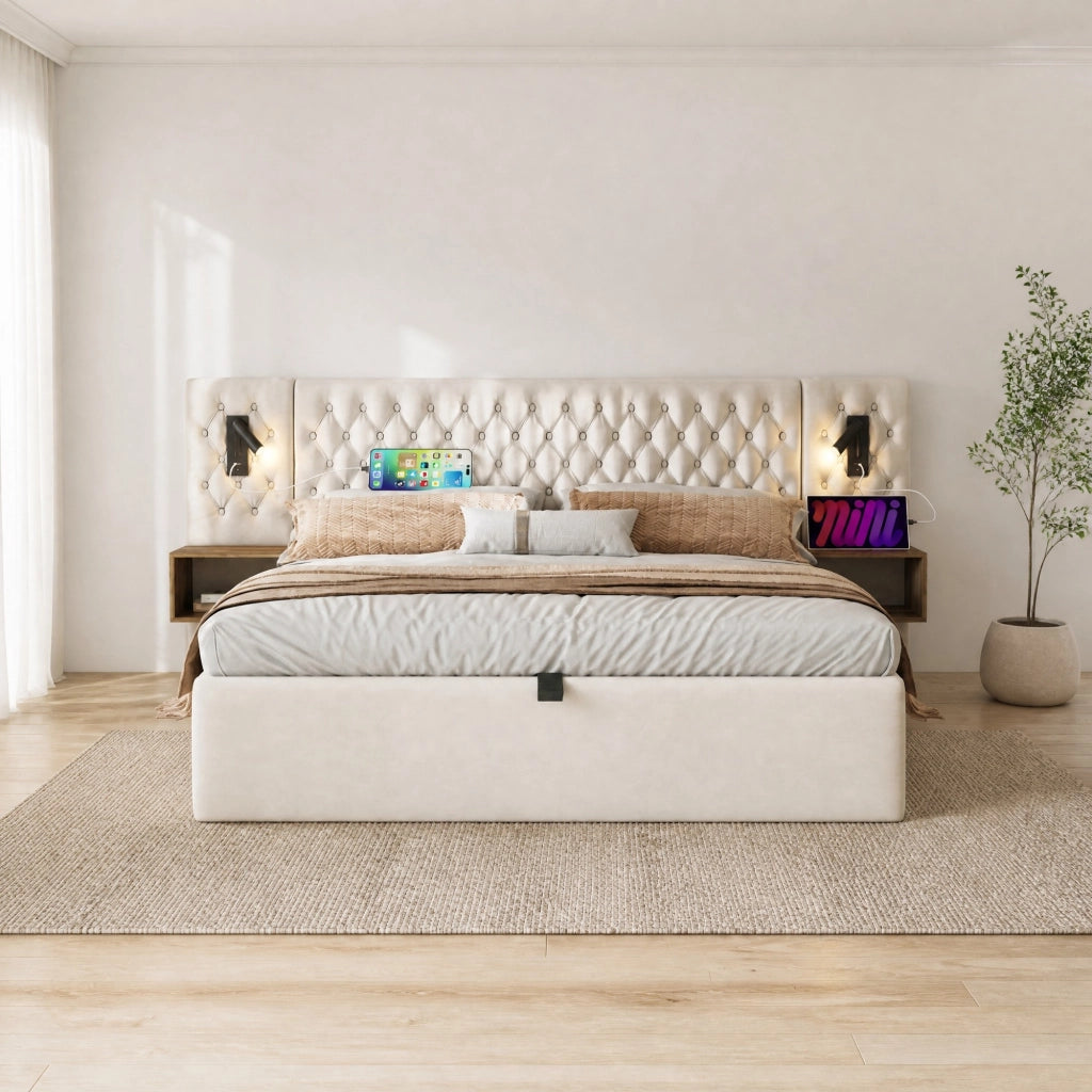 Letto matrimoniale 180x200 cm in velluto beige con contenitore idraulico; 2 comodini e luci lettura