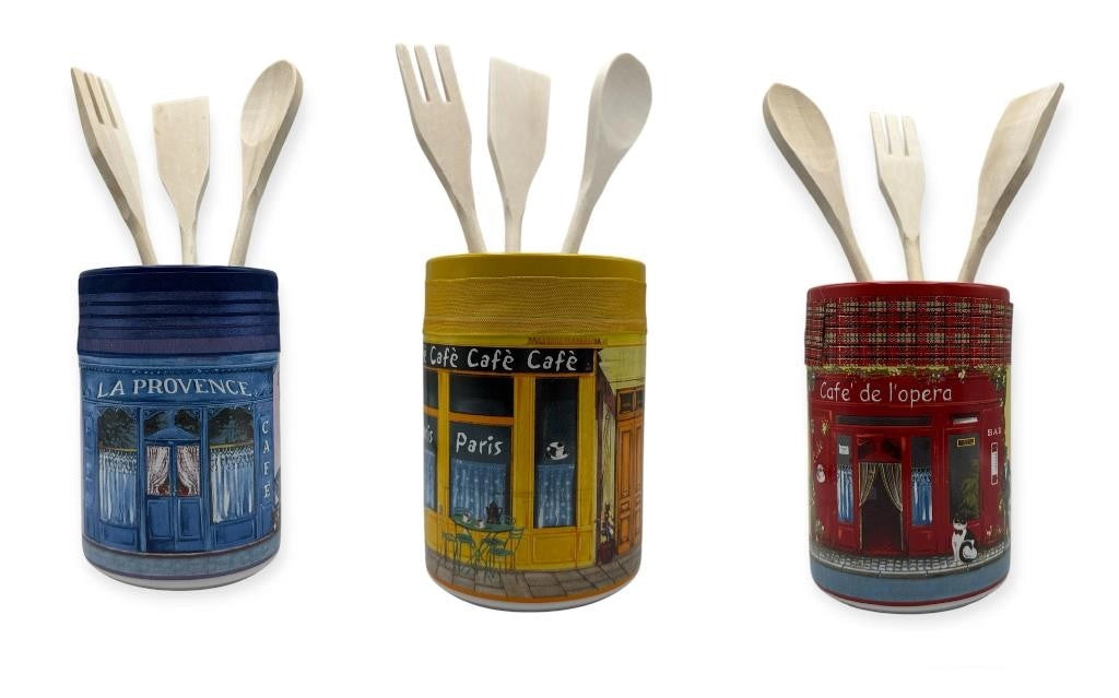 1 Pezzo Portamestoli in Ceramica Bistrot con Mestoli in Legno 3 Colori