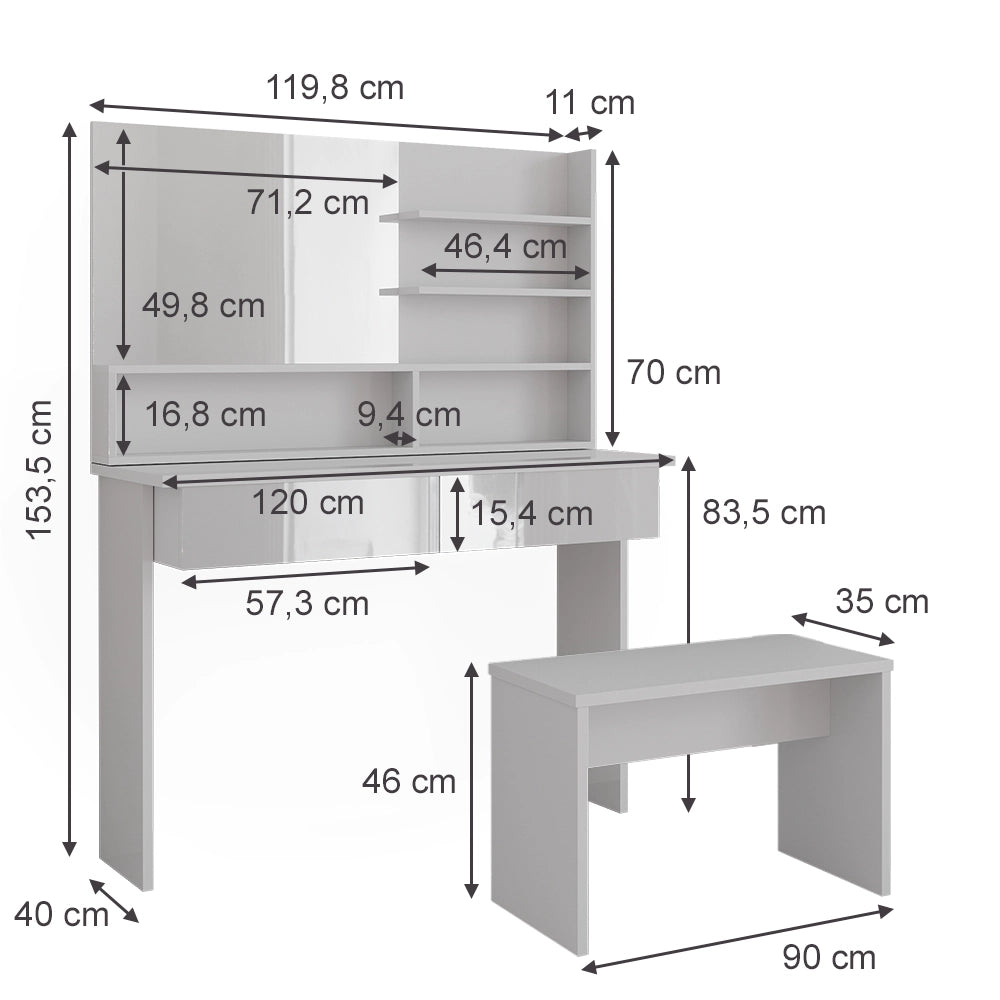 Vicco Tavolo da toeletta Bianco 120 cm con panca