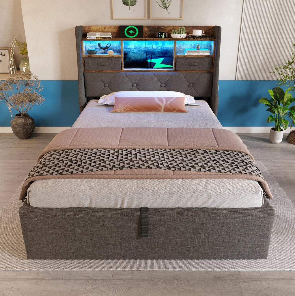 Letto singolo 90x200 cm contenitore con LED; USB C e tessuto lino grigio