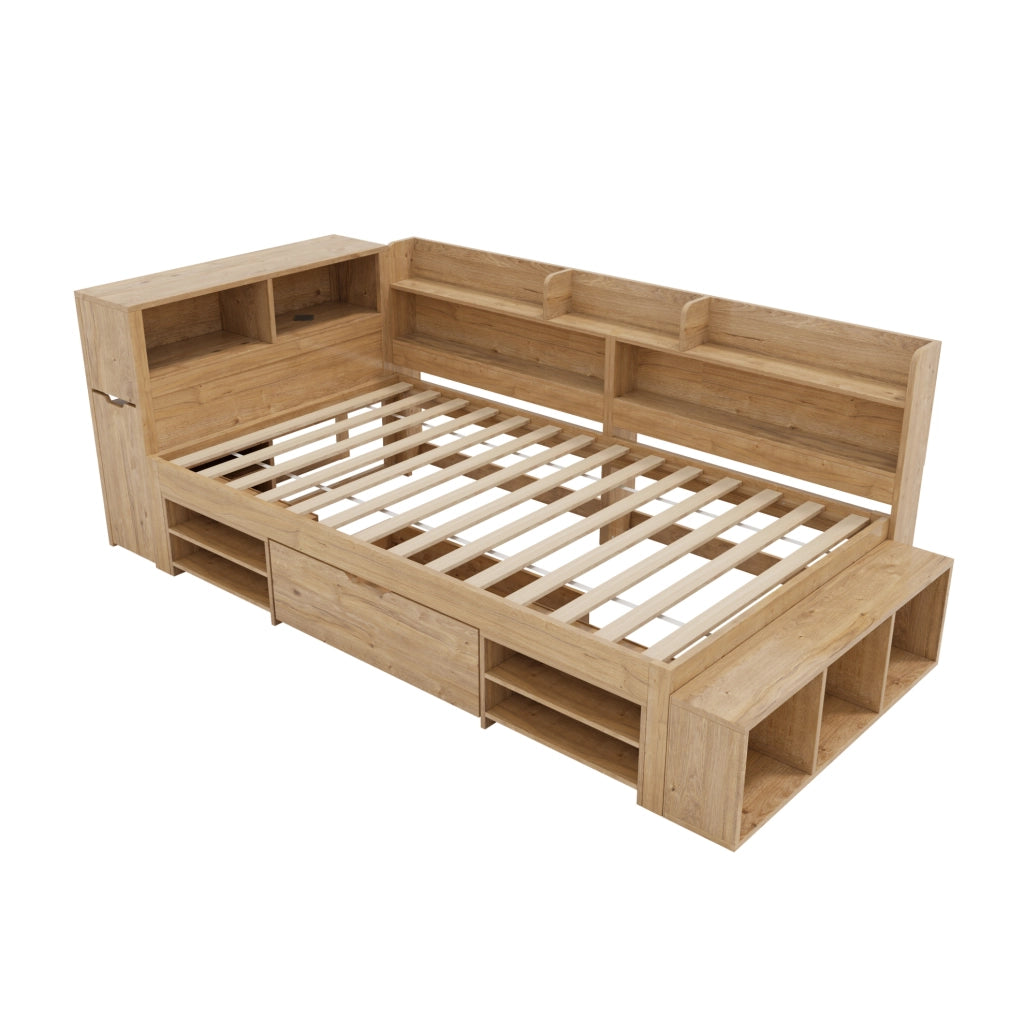Letto per bambini 90x200 cm con cassetti; scaffali e contenitori in multistrato colore naturale
