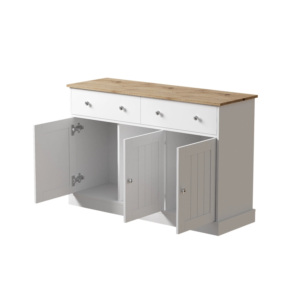 Sideboard 120x36x80.5 cm con 3 ante e 2 cassetti; pannello truciolare bianco e legno