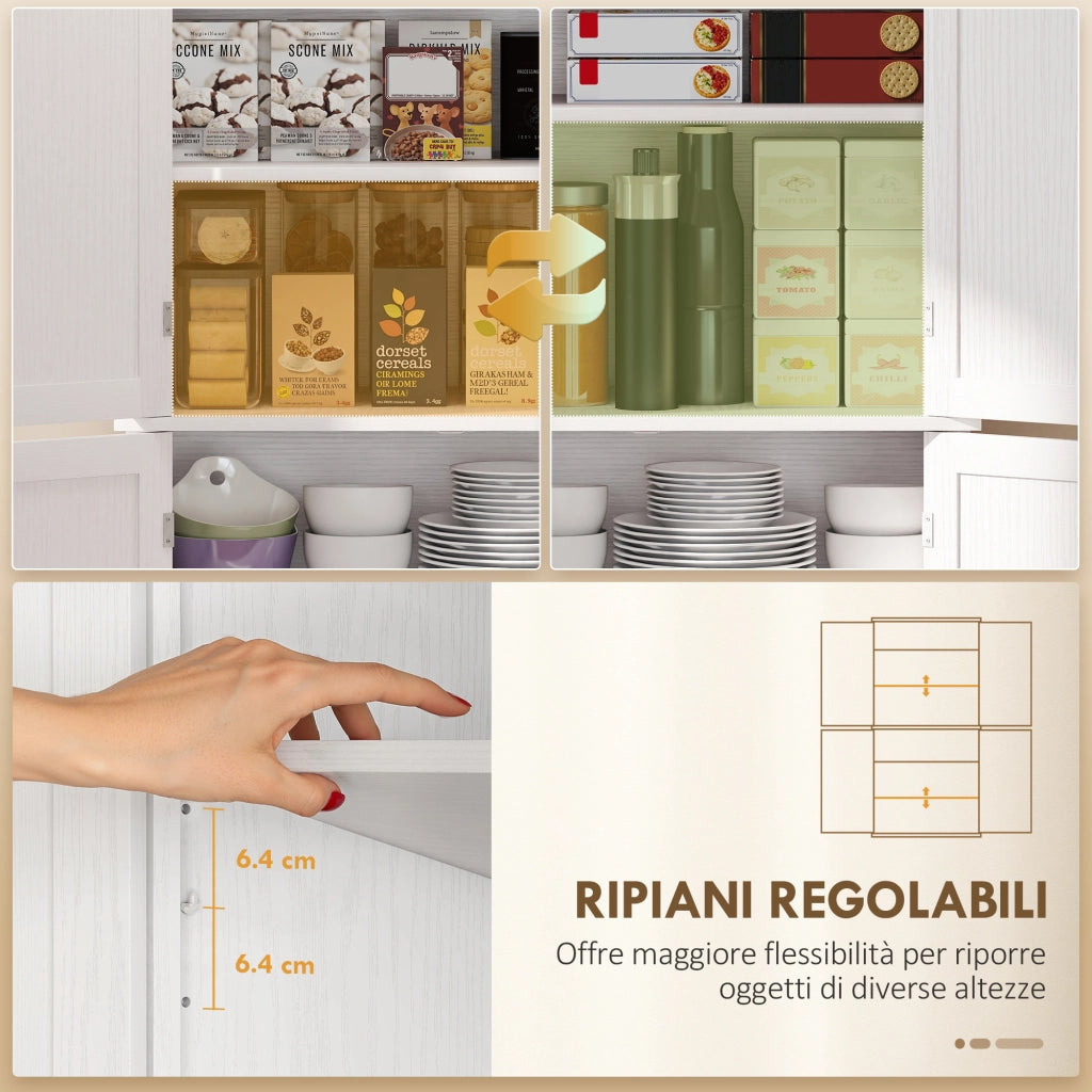 Mobile Cucina Alto con 6 Ripiani Regolabili e 2 Ante in Legno, 76x40.5x184 cm, Bianco