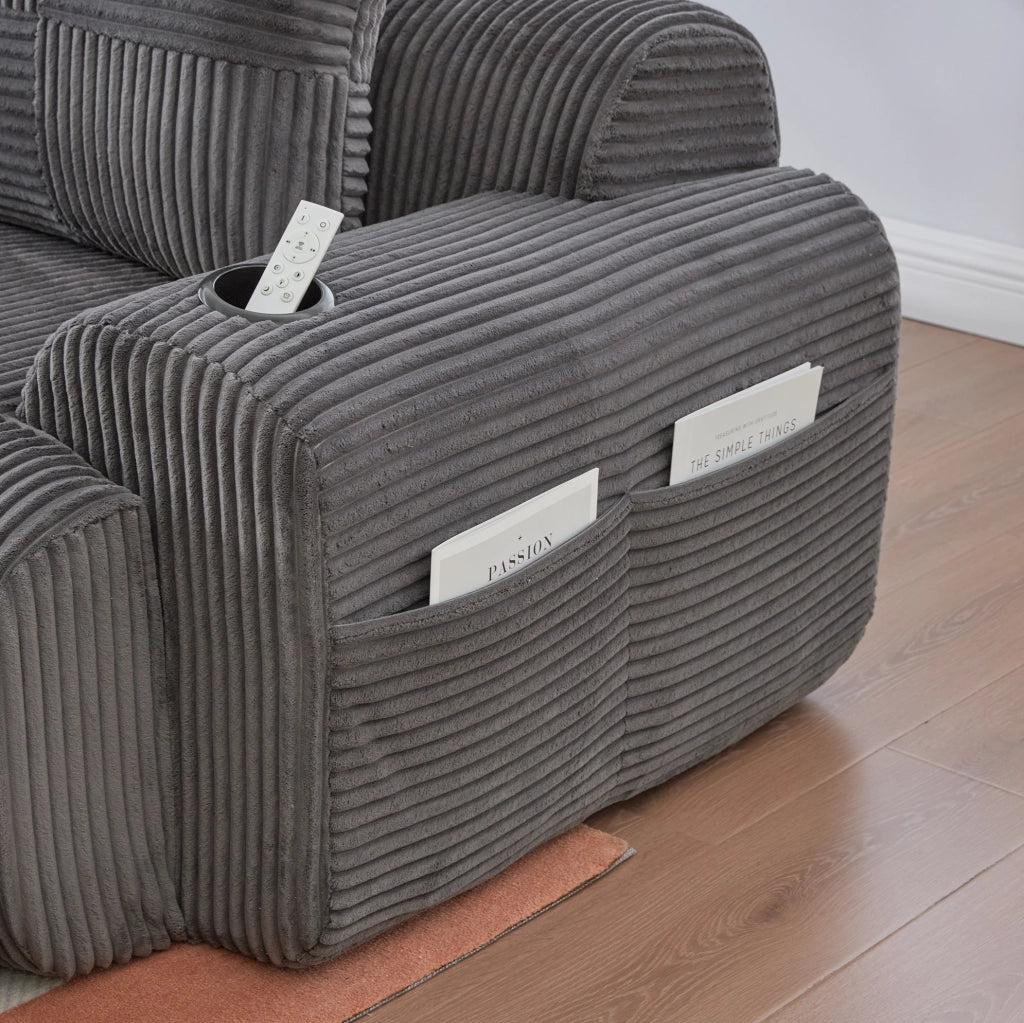 Divano modulare a 2 posti in corduroy grigio scuro; 200x174x80 cm; con portabicchieri e tasca laterale