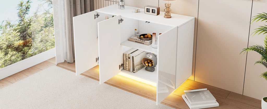 Credenza bianca lucida mobile con luci led bluetooth madia moderna 120 cm 3 ante