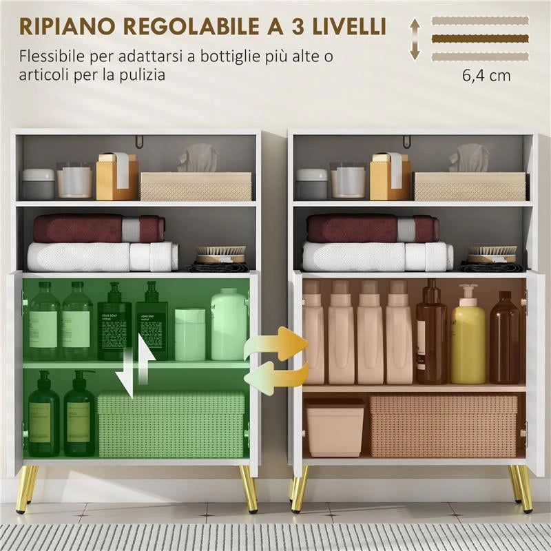 MOBILETTO BAGNO MODERNO CON 2 RIPIANI APERTI E ARMADIETTO CON ANTE AMMORTIZZATE, 60X31.8X93 CM, BIANCO