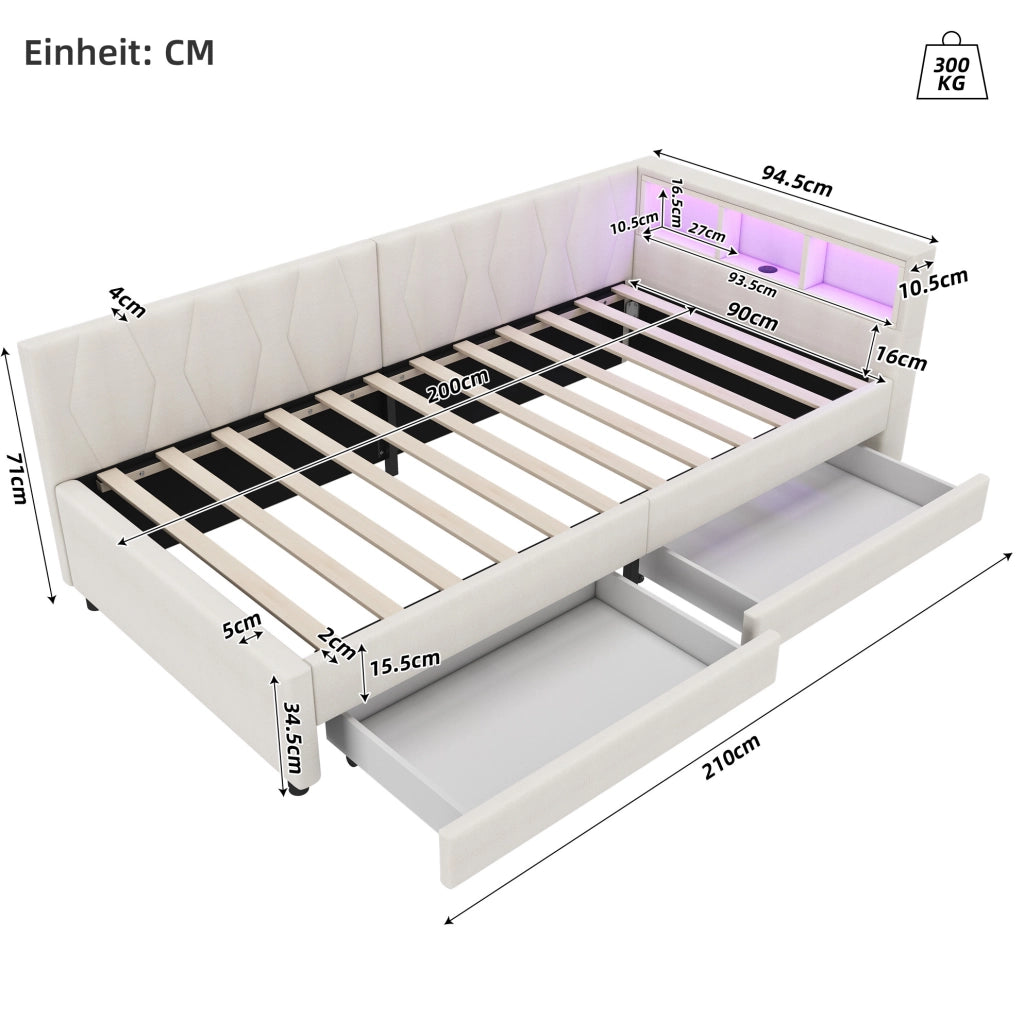 Divano letto daybed 90x200 cm in lino beige con LED; USB tipo C; 2 cassetti e vani portaoggetti