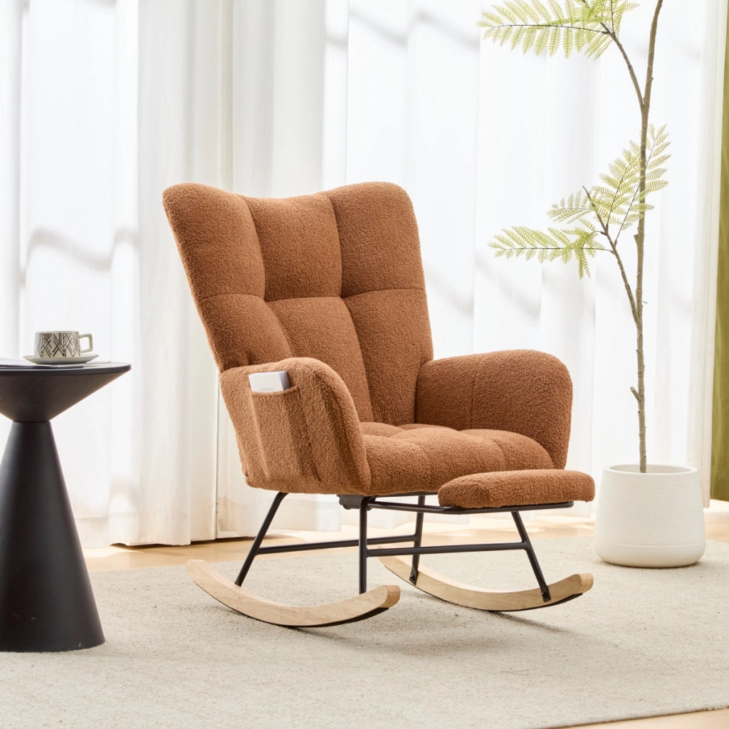 Poltrona a dondolo in tessuto teddy con schienale ergonomico e pouf, base in legno massello marrone
