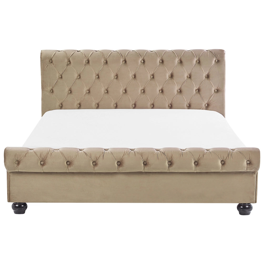 Letto Rivestimento in velluto beige Gambe in legno Nero 160 x 200 cm capitonnè Glam