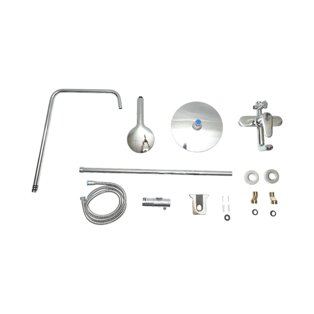 Set doccia multifunzionale da parete con doccetta a mano, bocca per vasca, soffione rotondo, cartuccia in ceramica, finitura cromo lucido.