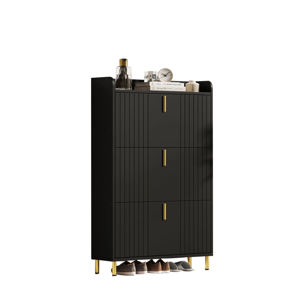 Armadio portascarpe a 3 ante ribaltabili 80x23x123;5 cm in MDF nero con dettagli dorati
