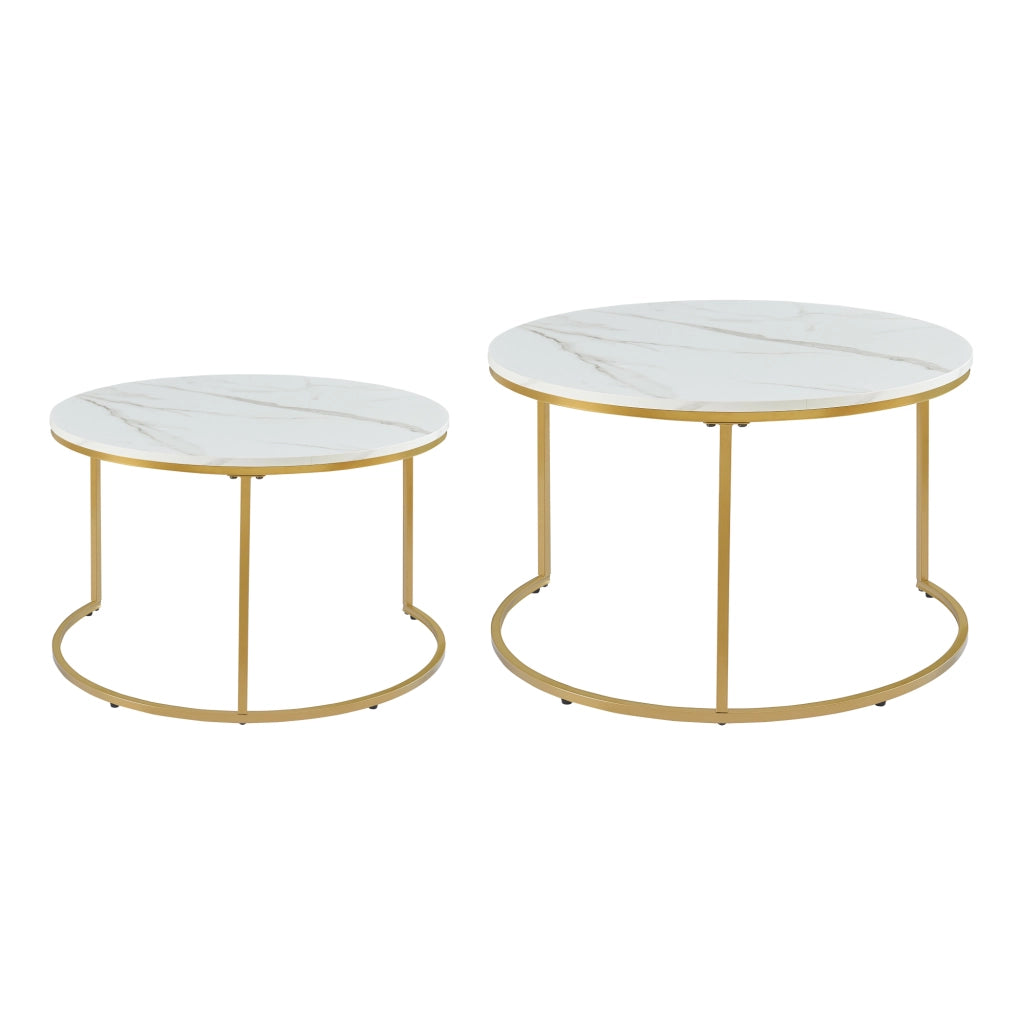 Set Christchurch 2 Tavolini Sovrapponbili con Piani Rotondi - Effetto Marmo Bianco / Oro [en.casa]