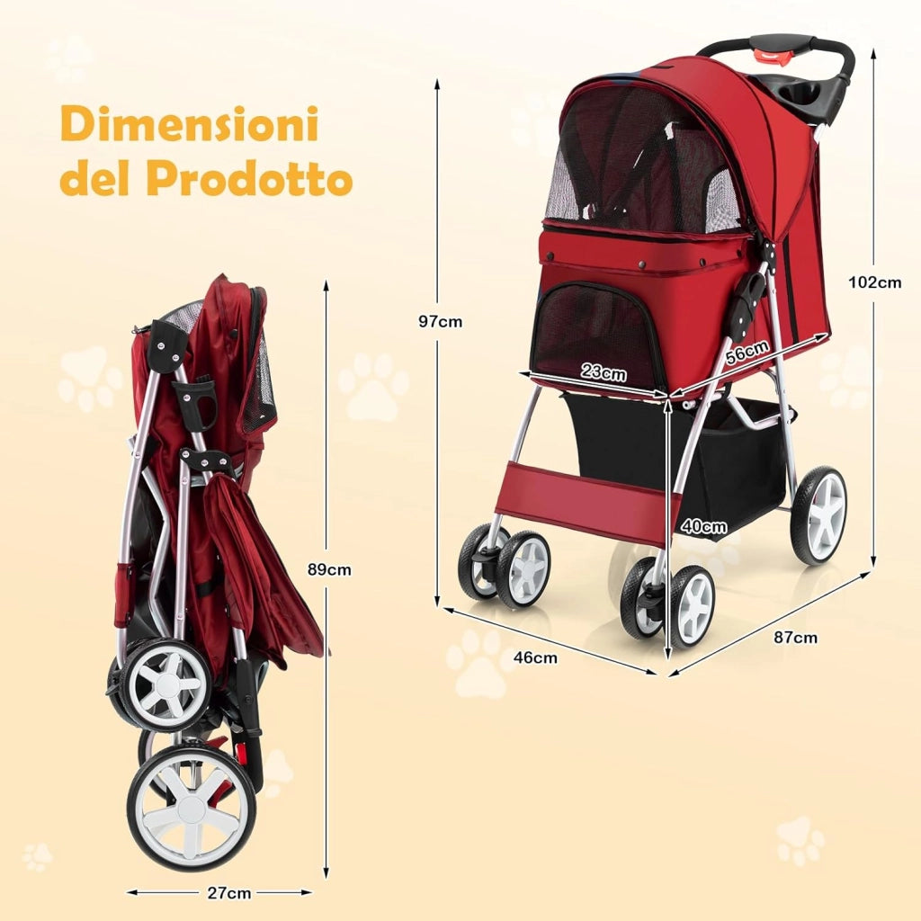 Passeggino per Cani, Carrozzina per Cani Pieghevole Fino a 15 kg, 4 Ruote con Finestra a Rete Porta Bicchiere e Cesto, Passeggino Portatile per Animali Piccola e Media (Rosso)