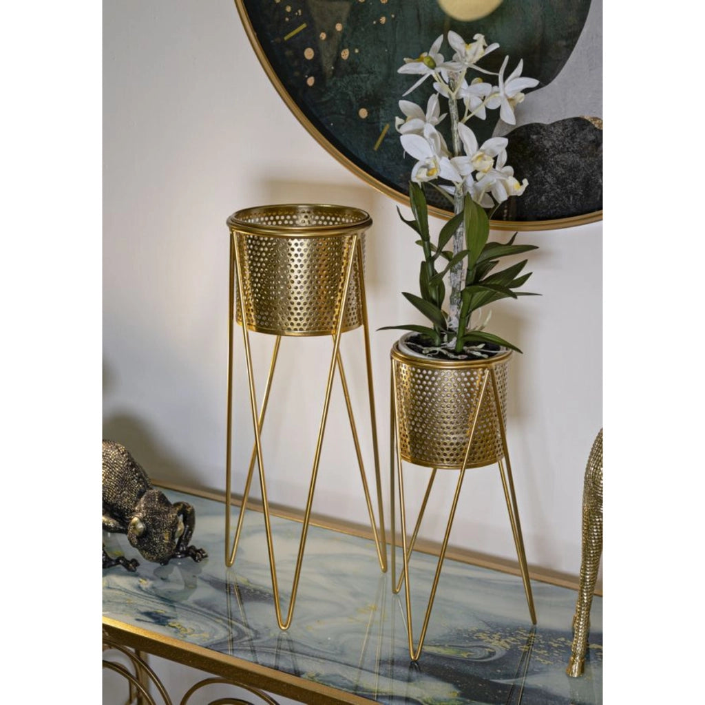 Set di 2 Vasi per Piante VKH404, Oro, Metallo, 21x20x46 cm