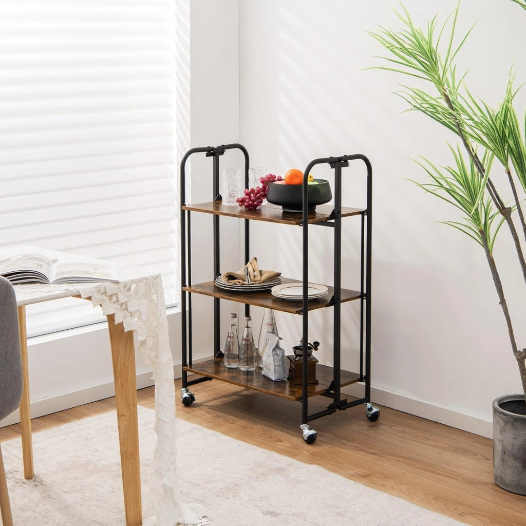Scaffali pieghevoli con ruote, nessun montaggio Carrello a 3 livelli, 2 delle ruote hanno serrature, carrello multiuso per microonde, rack portatile con telaio in metallo, per cucina, camper