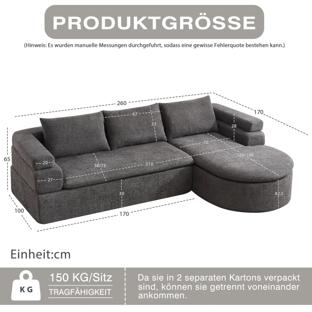 Divano angolare grigio in chenille con chaise longue e 3 cuscini