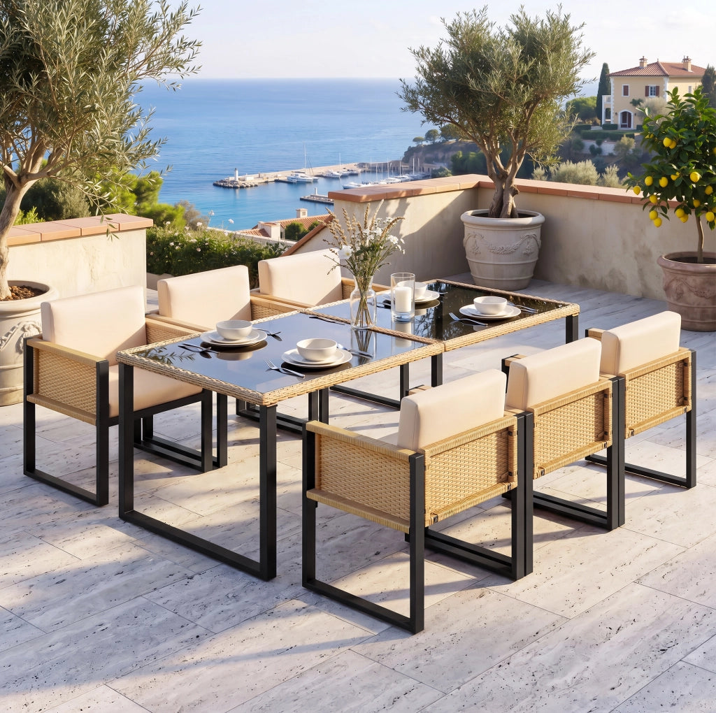 Set da pranzo da giardino in PE rattan con tavolo in vetro temperato e 6 sedie; nero e marrone