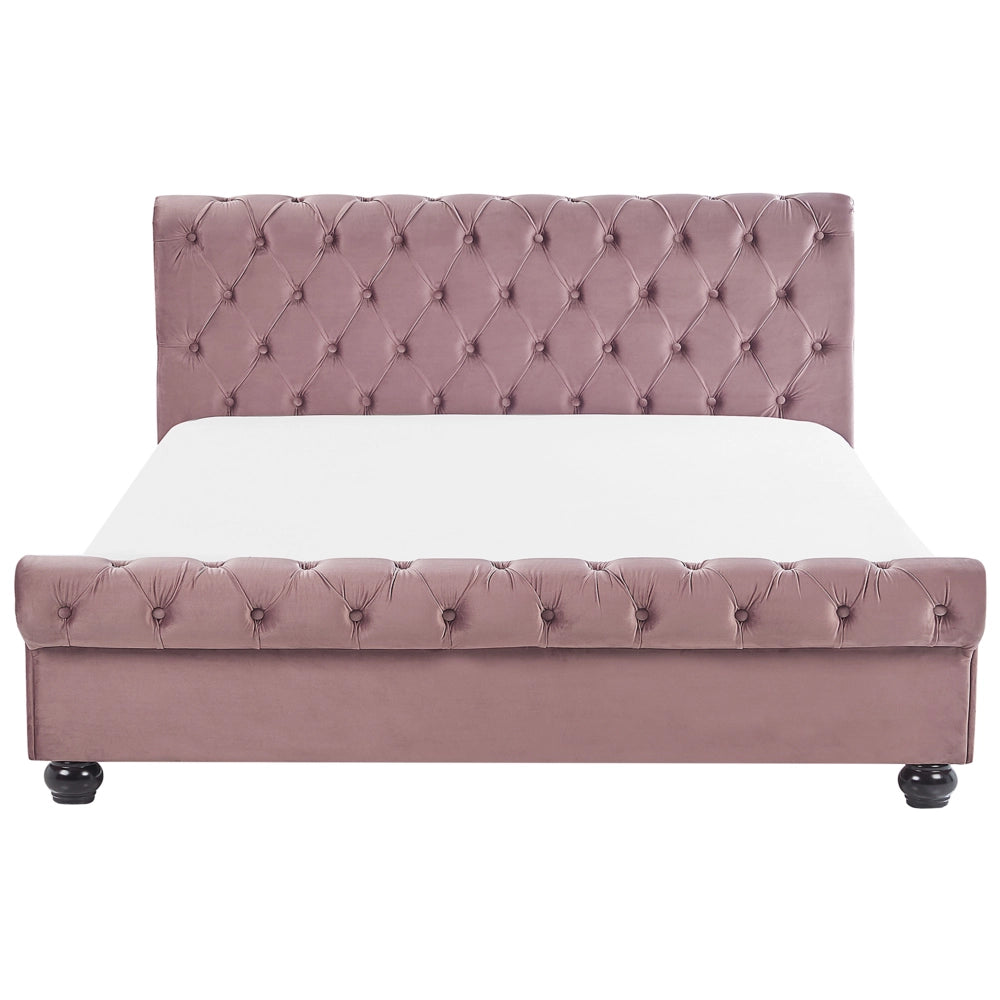 Letto rivestimento in velluto rosa Gambe in legno Nero 180 x 200 cm abbottonato Glam
