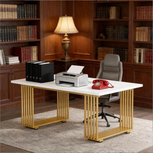 Scrivania da ufficio bianca e oro 180 x 79 x 78 cm con gambe in metallo