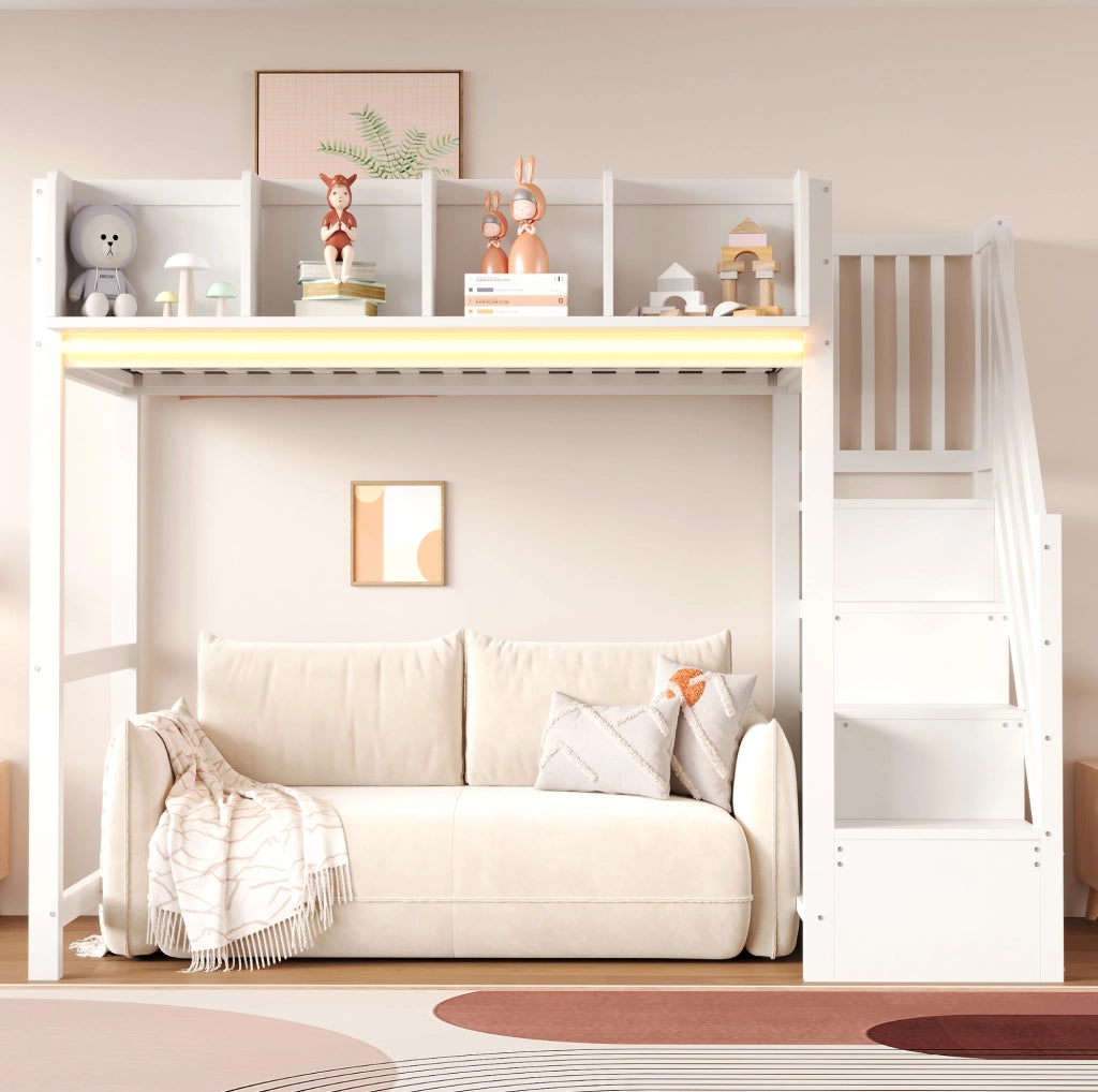 Letto a soppalco 90x200 cm con LED, scaffali laterali e scala contenitiva