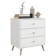 Comò 3 Cassetti Design Scandinavo Mobile Da Ripostiglio MDF Bianco Maniglia Piedini Effilato Legno Massello Di Pino