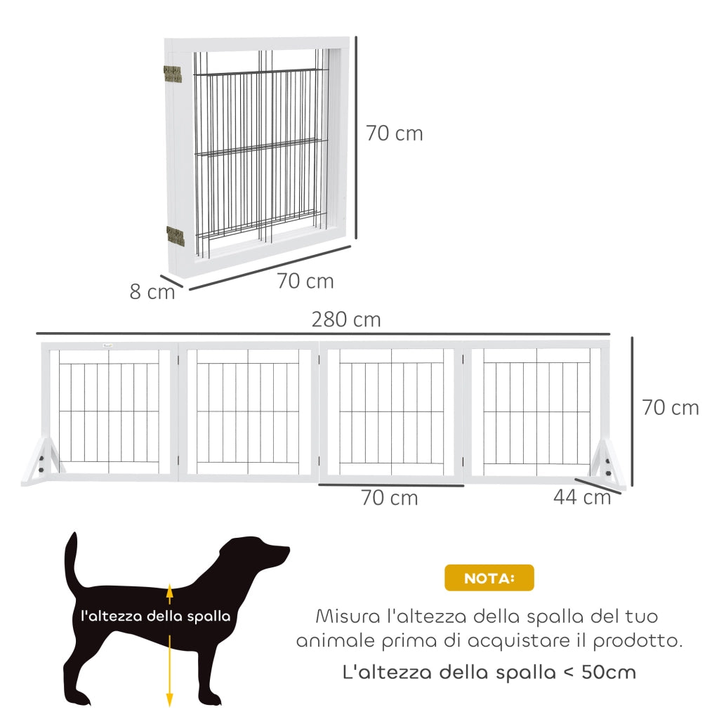 Cancellino per Cani Pieghevole 280x70 cm con 4 Pannelli in Legno e Acciaio Bianco